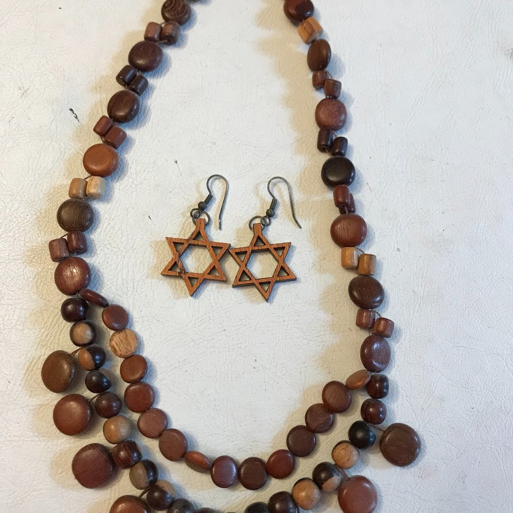 Hand made wooden necklace and Jewish star/star of David earring set